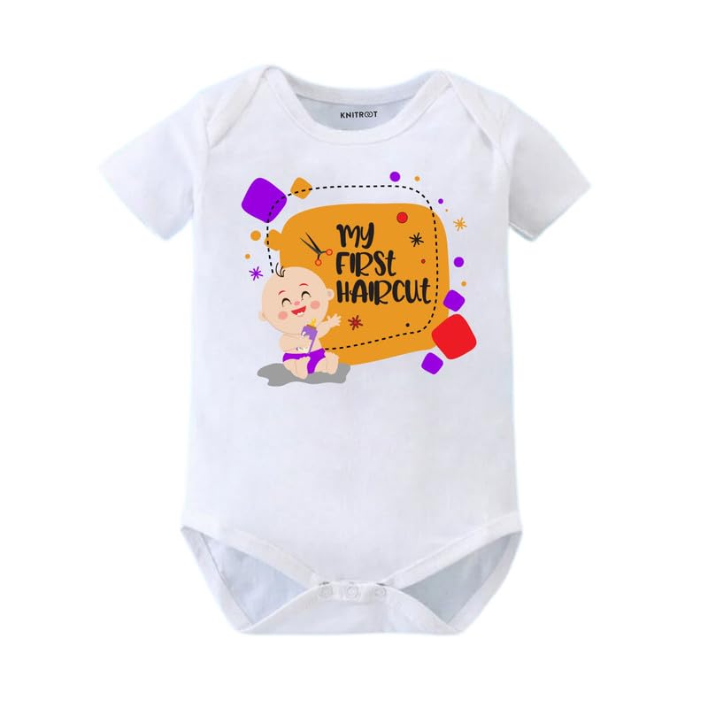 Knitroot Mundan Special, My First Haircut, Onesies, Unisex Baby Kids Half Sleeves BottomSnapButtons Cotton Lycra White Rompers