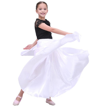 Sancan Long Full Ankle Length Satin Flowy Folkloric Latin Belly Dance Umbrella Skirt For Girls 8-12 Years (White)