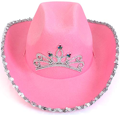 Skeleteen Pink Cowboy Hat - Pink Sequin Cowgirl Princess Hat With Crown Tiara Design