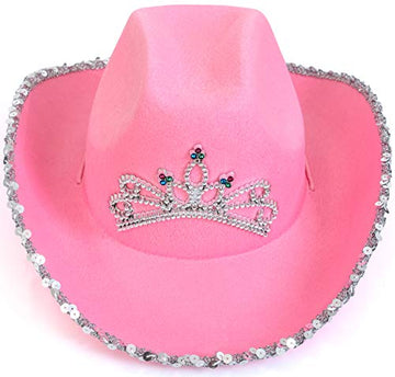 Skeleteen Pink Cowboy Hat - Pink Sequin Cowgirl Princess Hat With Crown Tiara Design