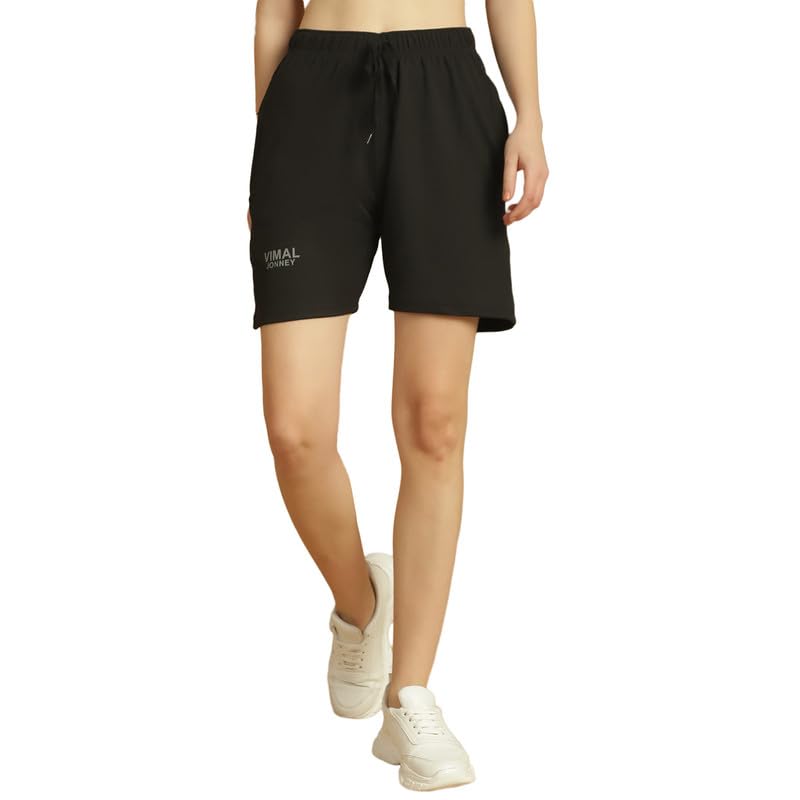 Mack Jonney Solid Black Regular Fit Polyster Lycra Shorts For Women