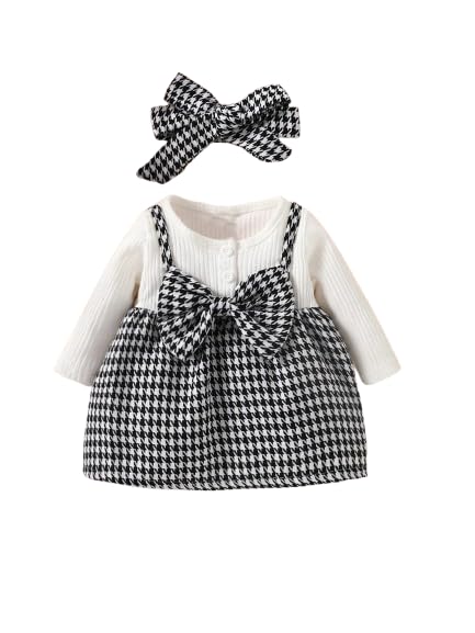 Infant Girls 2 Piece Outfit | Long Sleeve Ribbed Top With Heart Printed Dress & Bow Headband | Baby Girl Set