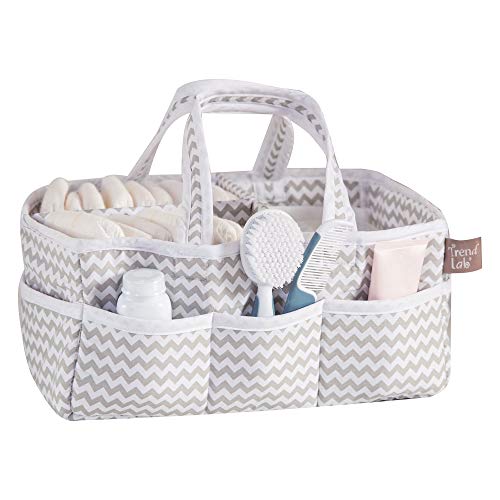 Dove Gray Chevron Storage Caddy - Chevron Print Body, Handles And Lining, Gray And White Trim, Gray And White, Two Handles, 12 I