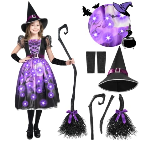 Spooktacular Creations Witch Costume For Girls, Purple Print Witch Costume, Light-Up Witch Halloween Costume Dress Up-M