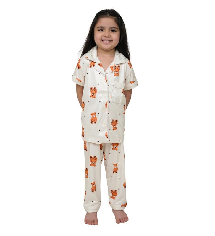 Girls Silk Bleand Printed Short Sleeve Pajamas Set (White, 1112 Yrs)57686