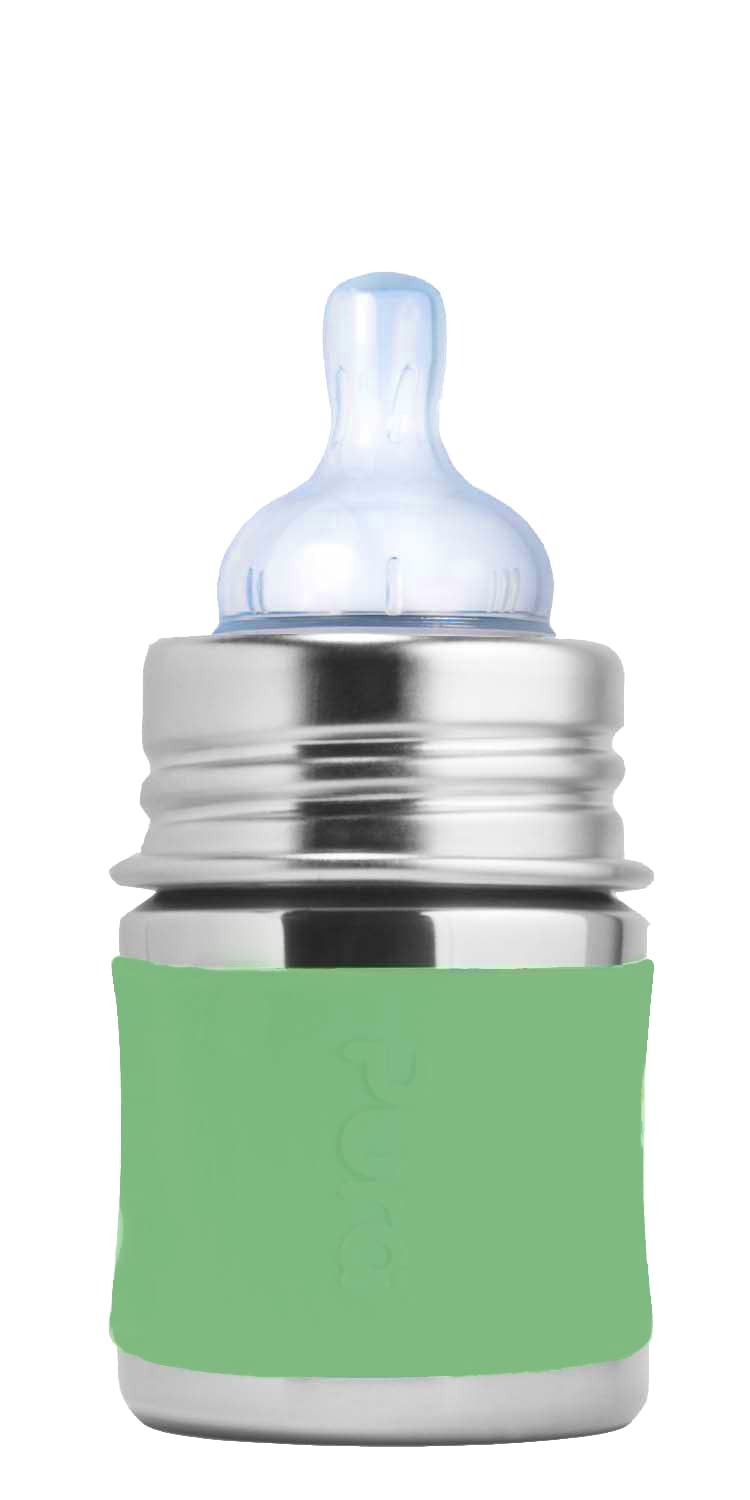 Pura Kiki 5oz/150ml Stainless Steel Anti-Colic Infant Bottle w/Silicone Natural Vent Nipple & Sleeve, 100% Plastic-Free, MadeSaf