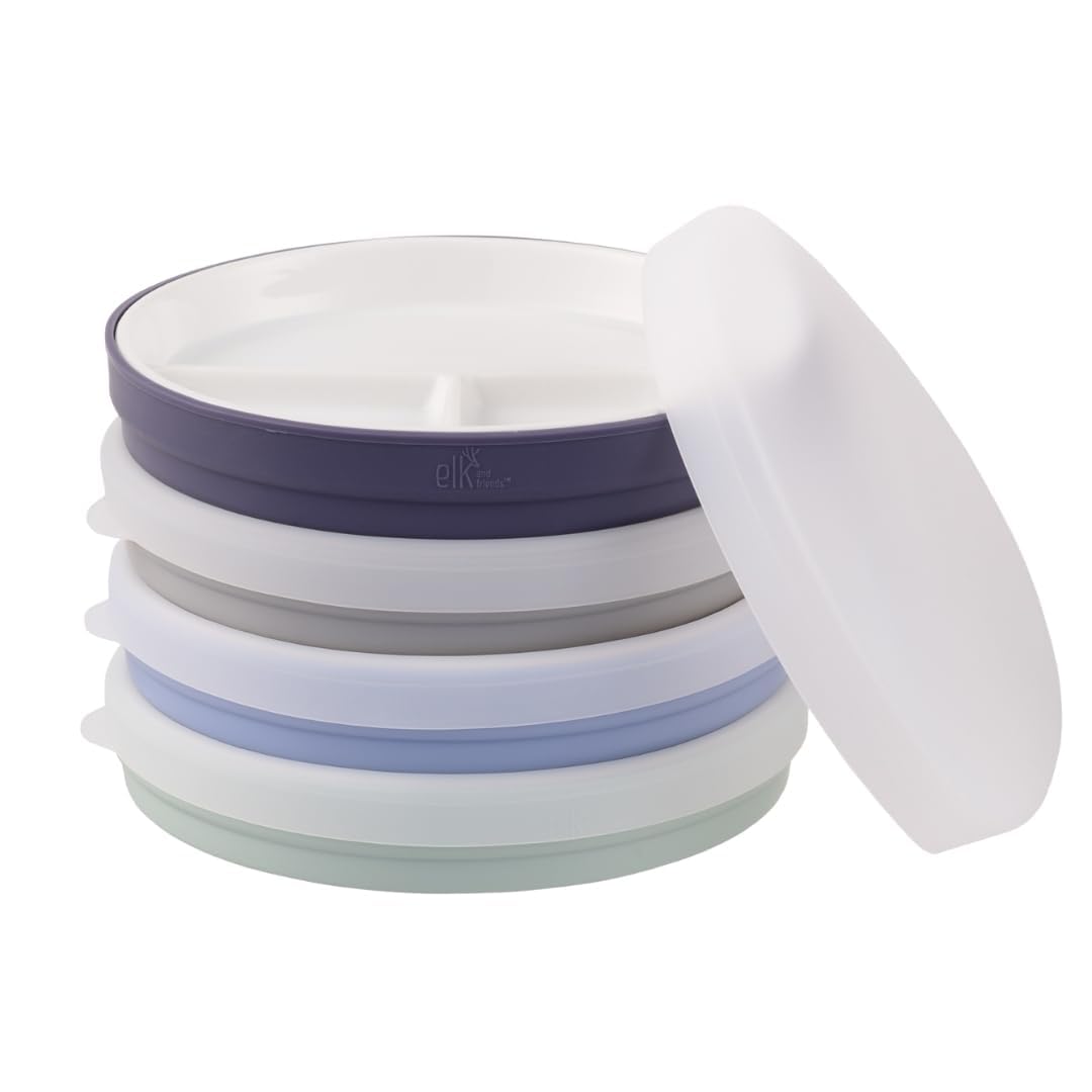 Elk and Friends Kids 6.7    Porcelain Divided Plates with Silicone Sleeves + Silicone Lids | Suitable for Babies/Kids/Toddlers |