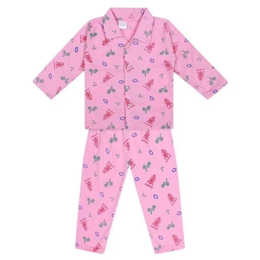 Bornlov Cotton Night Suit |Collared Neck| Bottom |Printed| Full Sleeves for Unisex Kids (Pink, 1112 Years)