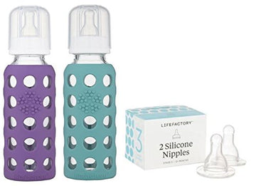 Lifefactory 9Oz Glass Baby Bottle 2Pk Bundle With 2 Stage 3 Nipples (Grape/Kale)