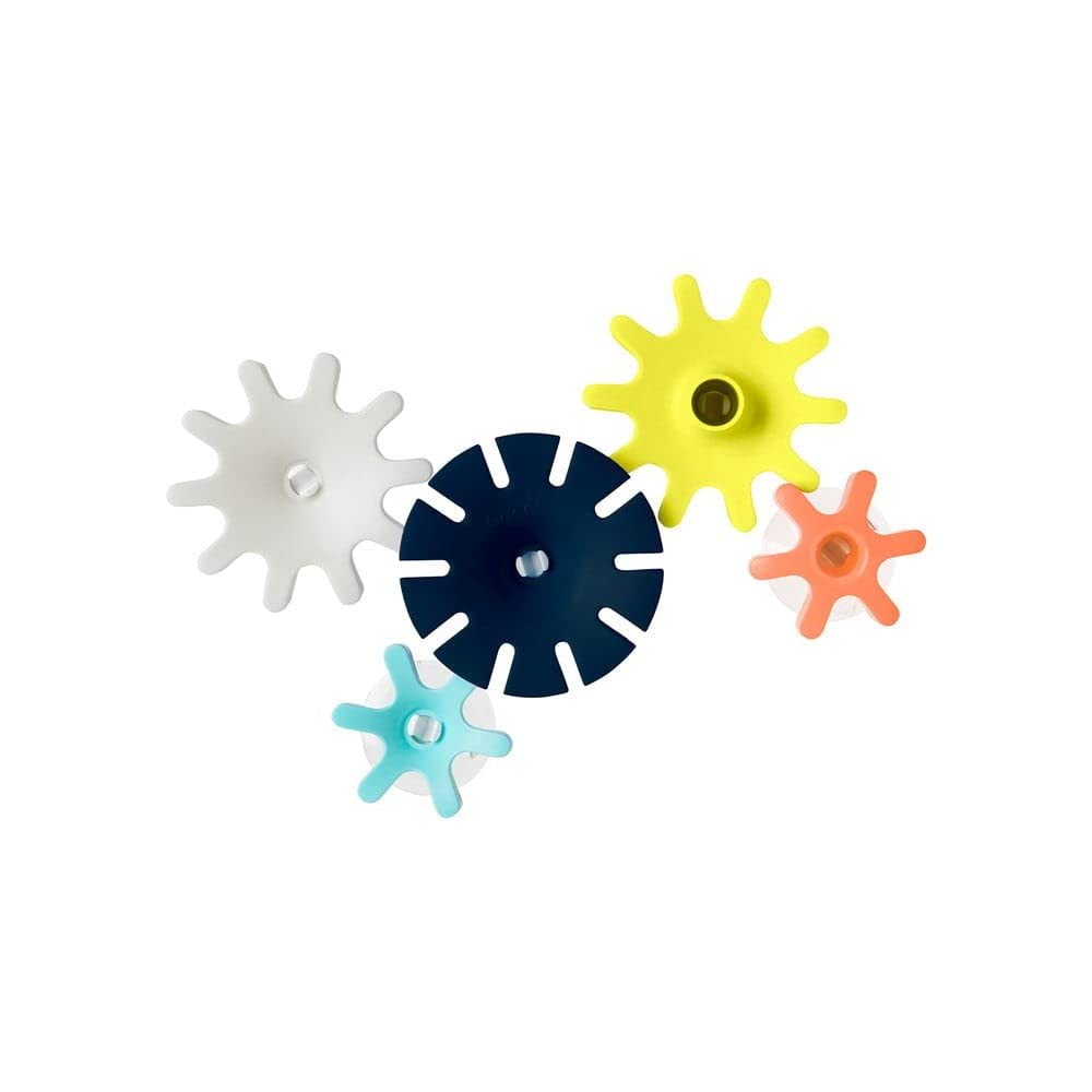 Boon Cogs Baby Bath Toys - Spinning Gear Themed Sensory Baby Toys for Bathtub - Suction Toys for Bathtub Walls - Navy and Yellow