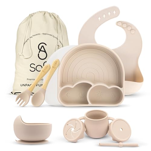 Sofial Baby Led Weaning Supplies, Silicone Baby Feeding Set, First Stage Baby Eating Set, Suction Bowl Divided Plate Bib Spoon F