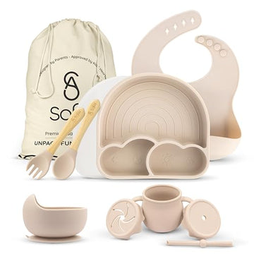 Sofial Baby Led Weaning Supplies, Silicone Baby Feeding Set, First Stage Baby Eating Set, Suction Bowl Divided Plate Bib Spoon F