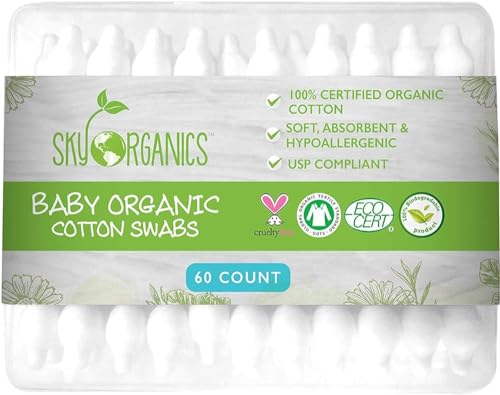 Sky Organics Organic Baby Cotton Swabs For Baby, 100% Pure Organic Cotton, Gots Certified Organic Cotton, 60 Count