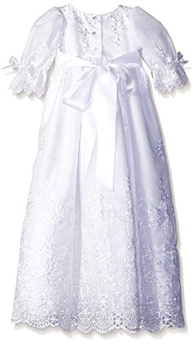 Swea Pea & Lilli Long White Embroidered Organza Baby Girl Christening Baptism Special Occasion Newborn Dress Gown With Matching