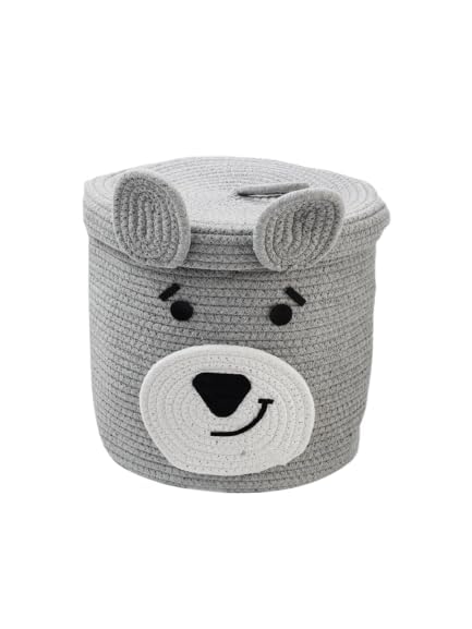 VELVET VIBE Kids Lid Baskets with Beautiful Characters  Rope Baskets for Baby Diaper, Stuffed Animal Storage (Grey Dog)