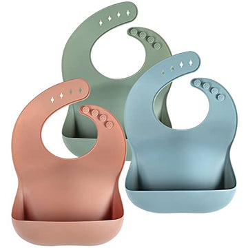 Eascrozn Silicone Baby Bibs For Babies & Toddlers Set Of 3, Bpa Free Unisex Soft Adjustable Fit Waterproof Feeding Bibs
