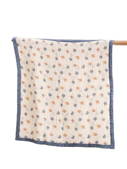Baby Muslin Quilt Blanket with Print, Navy Blue (Cream)
