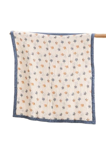 Baby Muslin Quilt Blanket with Print, Navy Blue (Cream)