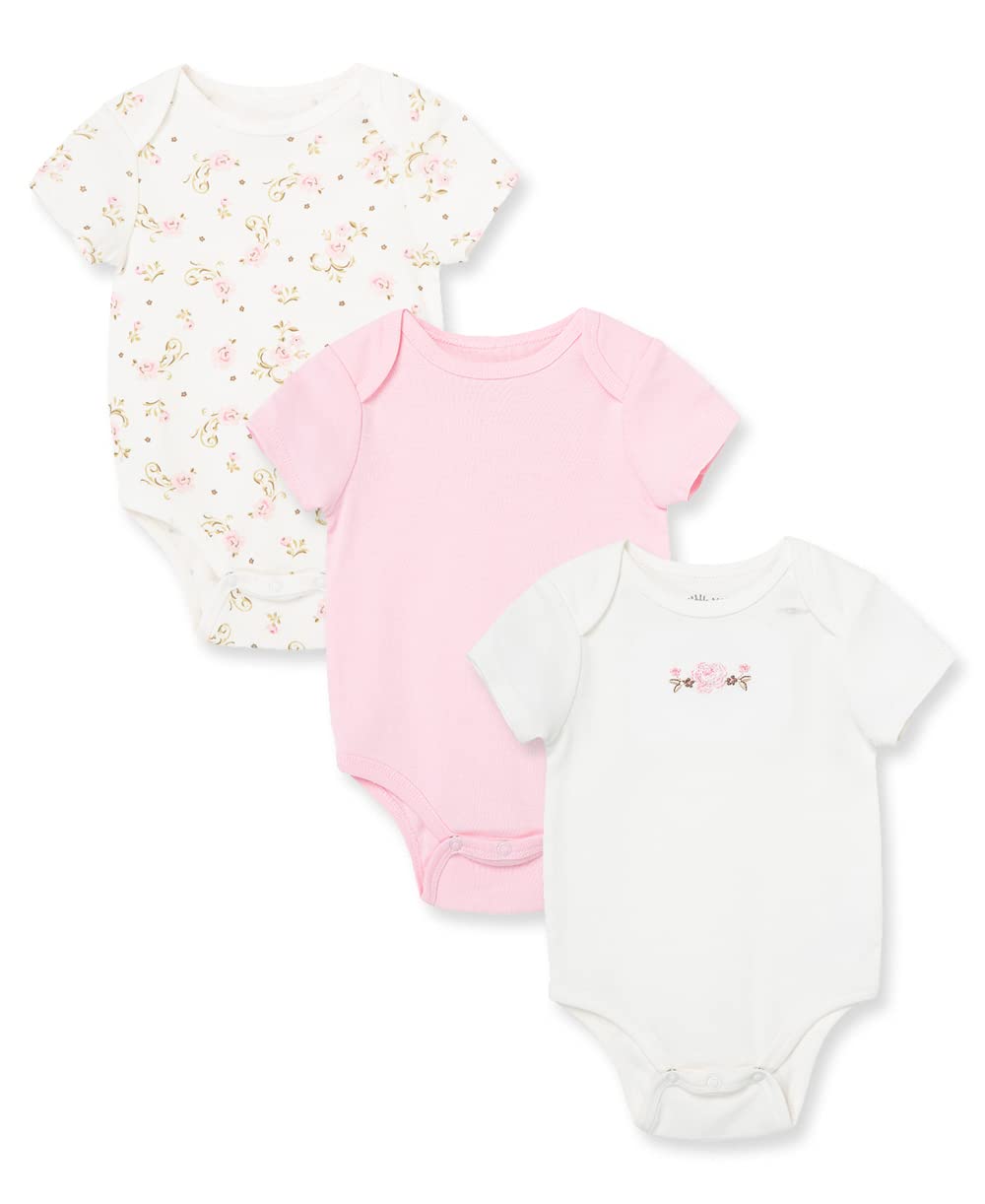 Little Me Baby-Girls Newborn Rose 3 Pack Bodysuit, Pink Floral, 6 Months