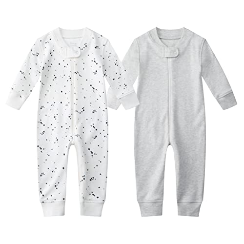 Owlivia Organic Cotton Baby Boy Girl 2 Pack Zip Up Sleep N Play, Footless, Long Sleeve(12-18 Months, Gray Melange+Blue Star)