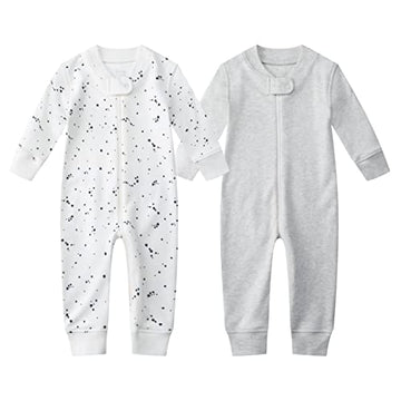 Owlivia Organic Cotton Baby Boy Girl 2 Pack Zip Up Sleep N Play, Footless, Long Sleeve(12-18 Months, Gray Melange+Blue Star)