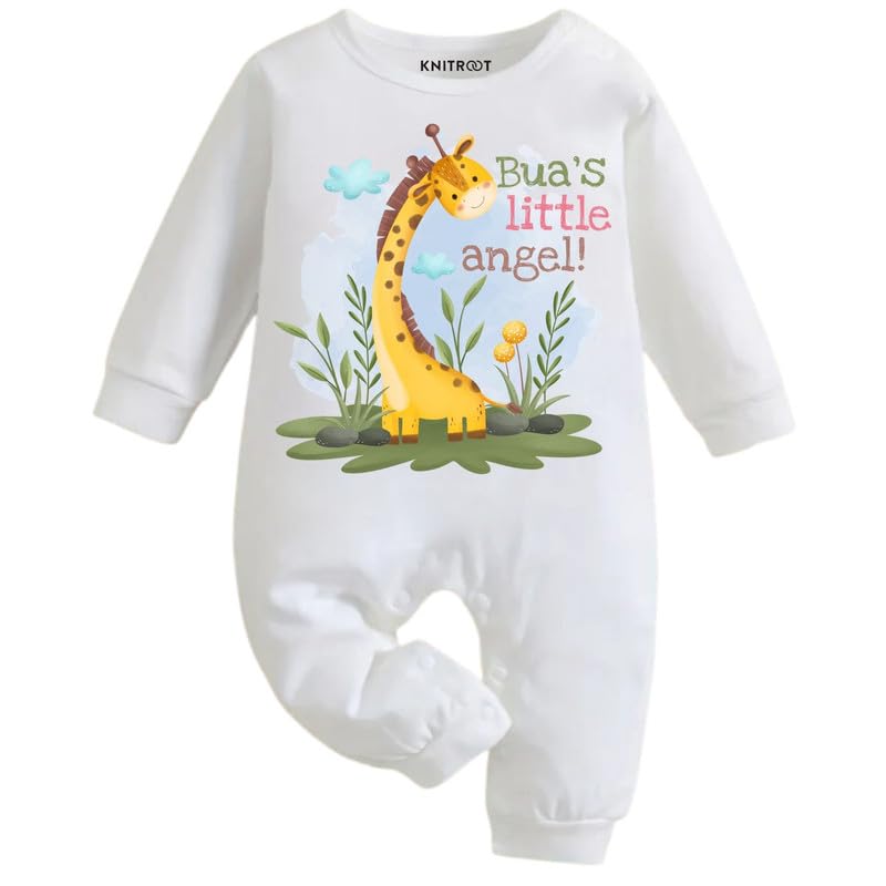 Knitroot Bua Theme, BuaS Little Angel Text Printed, Full Sleeves, ShoulderSnapButtons, Cotton Jumpsuit, Rompers For New Born 