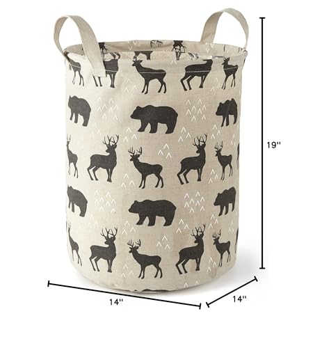 Levtex Baby - Logan Nursery Hamper - Round Fabric Storage Hamper - Bears And Deers - Taupe And Black - Nursery Accessories - Siz