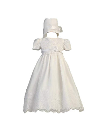 Swea Pea & Lilli Long White Classy Embroidered Organza Christening Gown With Matching Hat