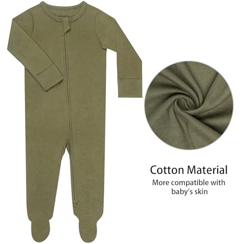 Guisby Footed Long Sleeve Baby Pajamas With Zipper Cotton Infant Sleepers Army Green+Coffee 9-12 Months
