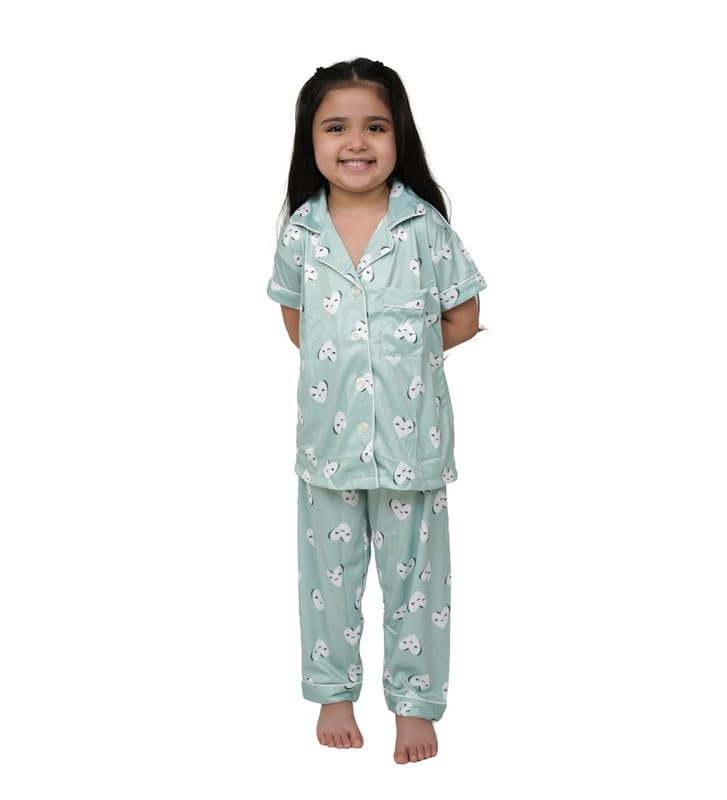 Girls Silk Bleand Printed Short Sleeve Pajamas Set (Light Green, 1011 Yrs)57691