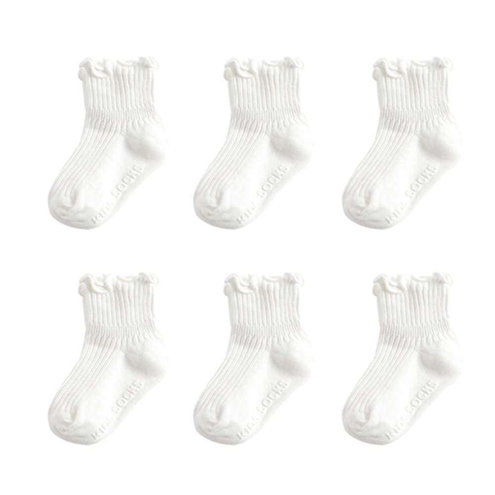 Zumou Toddler Anti Slip Non Skid Socks Baby Little Girls Frilly Ruffle 6 Pairs (3-4T, White 6 Pairs)