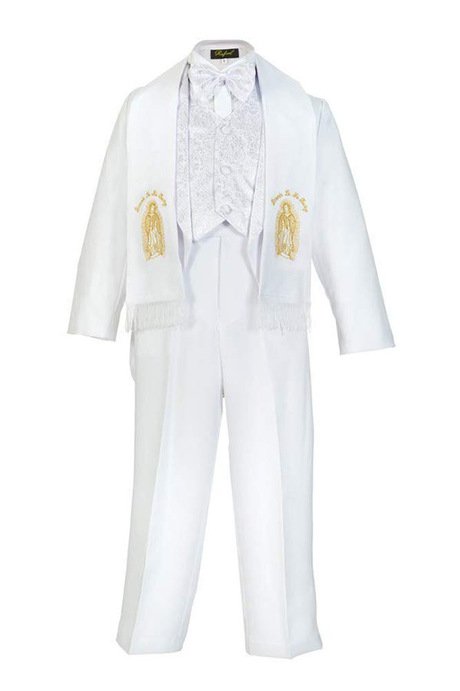 Baby Boys White Baptism Christening Paisley Lapel Tuxedo With Gold Maria Estola Scarf Size L (12-18 Months)
