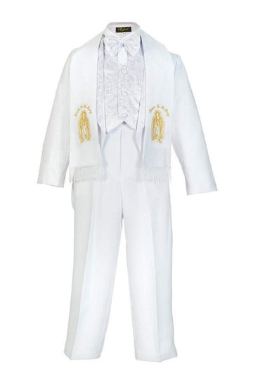 Baby Boys White Baptism Christening Paisley Lapel Tuxedo With Gold Maria Estola Scarf Size L (12-18 Months)