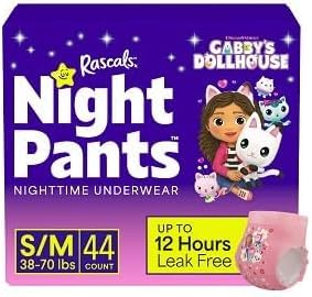 Rascals + Friends Night Pants, Absorbent Girls Nighttime Bedwetting Underwear, Gabbys~Dollhouse, (38-70 lbs), (S/M, 43 Count),