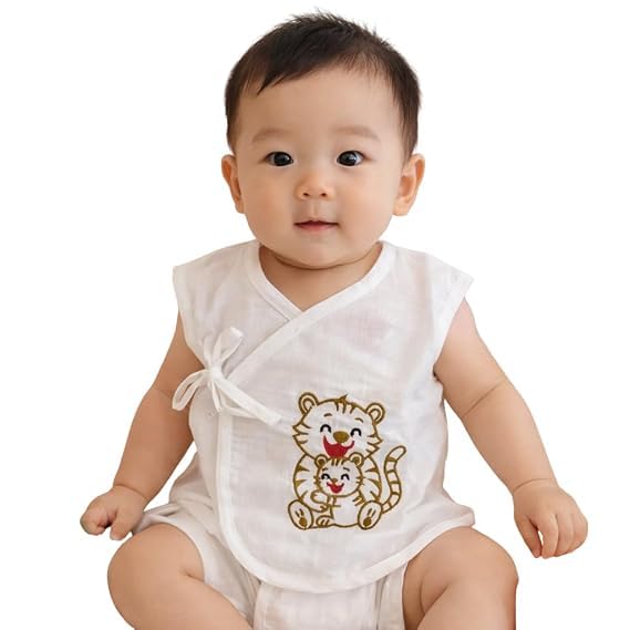 Tiny Tiggy Baby Soft Newborn Cotton SideTie Vest and 2 Nappies Set, White Sleeveless Jhabla with Tiger Embroidery, Breathable W