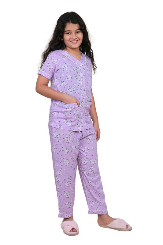 Tweeny Mini Pure Rayon Night Dress for Kids Girls | Floral Print Nightsuit Half Sleeve Shirt with Pyjama (Lavender, 1314 Years)