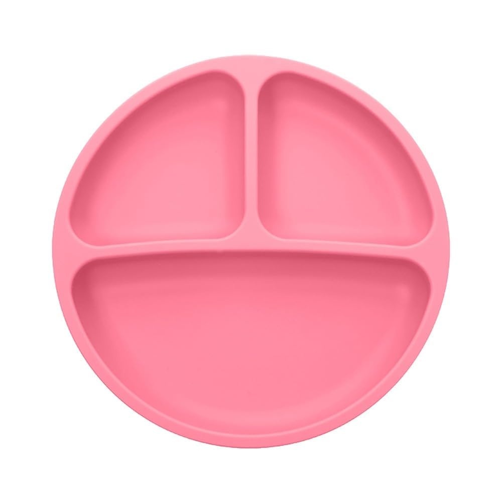Topinon Silicone Baby Feeding Plate with Suction Base, Round, 3 Sections,100% Food Grade Silicone Baby Plates, BPA Free,Pink