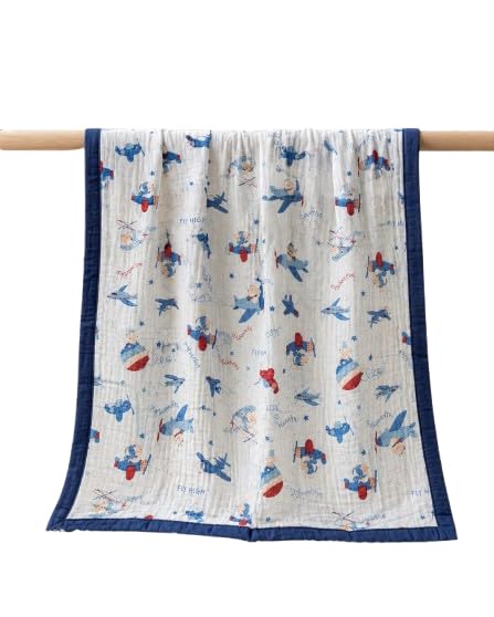 Baby Muslin Quilt Blanket with Print, Navy Blue (White & Blue)