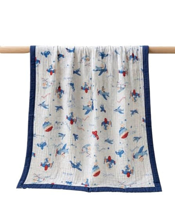 Baby Muslin Quilt Blanket with Print, Navy Blue (White & Blue)