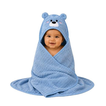 Babyholic Super Soft Hooded Baby Wrapping Blanket with Bear Face Hood, Cozy Bath Wrap for Newborn Boys & Girls, Blue