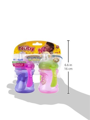 Nuby Plastic 2-Pack Two-Handle No-Spill Super Spout Grip N' Sip Cups, 8Oz, Coral And Aqua