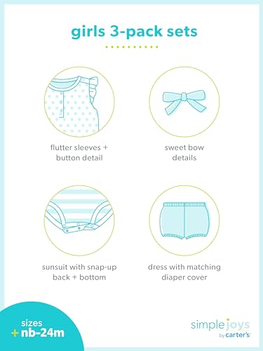 Simple Joys By Carter'S Baby Girls' 3-Pack Romper, Sunsuit And Dress, Mint Green Cherry/Navy Stripe/Pink Floral, 12 Months