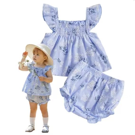 Infant Baby Girl Summer Clothes Floral Ruffle Shirts Tank Tops And Bloomers Shorts 2 Pcs Set Cute Outfit (Blue, 3-6 Months)