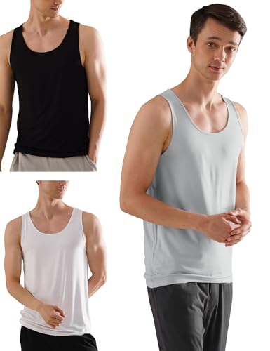 Damensch MenS NeoSkin AntiMicrobial Slub Vest AntiOdorBamboo Rayon Fabric Round Neck Pack Of 3 Bright White, Natural Bl