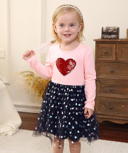 Toddler Tutu Dress Girls Baby Pink Sequin Heart Love Flower Tulle Long Sleeve Party Girl Valentines Day Dresses 18 24 Months