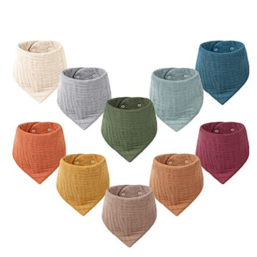 Konssy Muslin Baby Bibs 10 Pack Baby Bandana Drool Bibs 100% Cotton For Unisex Boys Girls, 10 Solid Colors Set For Teething And