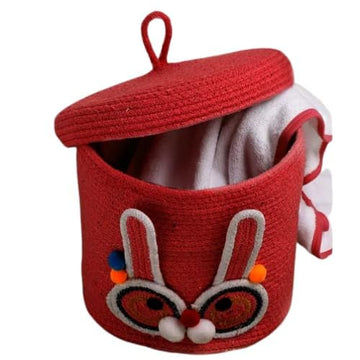 VELVET VIBE Kids Lid Baskets with Beautiful Characters  Rope Baskets for Baby Diaper, Stuffed Animal Storage (Red Rabbit)
