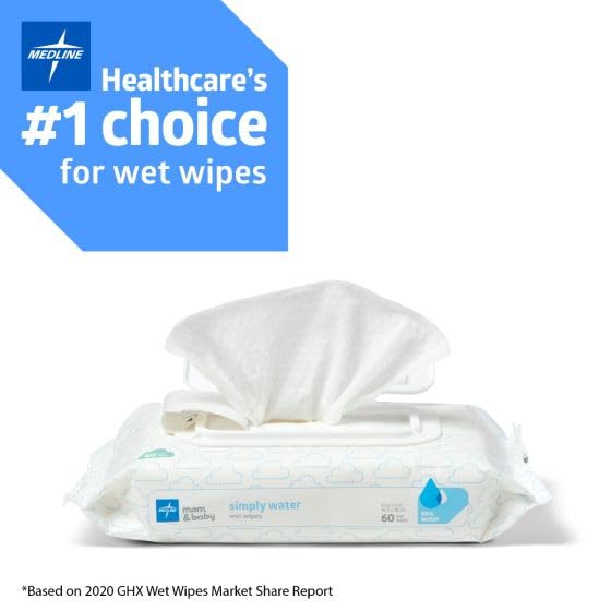 Medline Simply Water Baby Wipes, 99% Water Solution Wipes, 100% Plant-Based Bamboo Fiber Cloth, 60 Count (Pack Of 12)