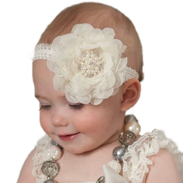 Nishine 2Pack Newborn Elactic Lace Crwon Headband Toddler Girls Fabric Flower Pearl Hairband For Baby Shower Birthday Gift (Whit