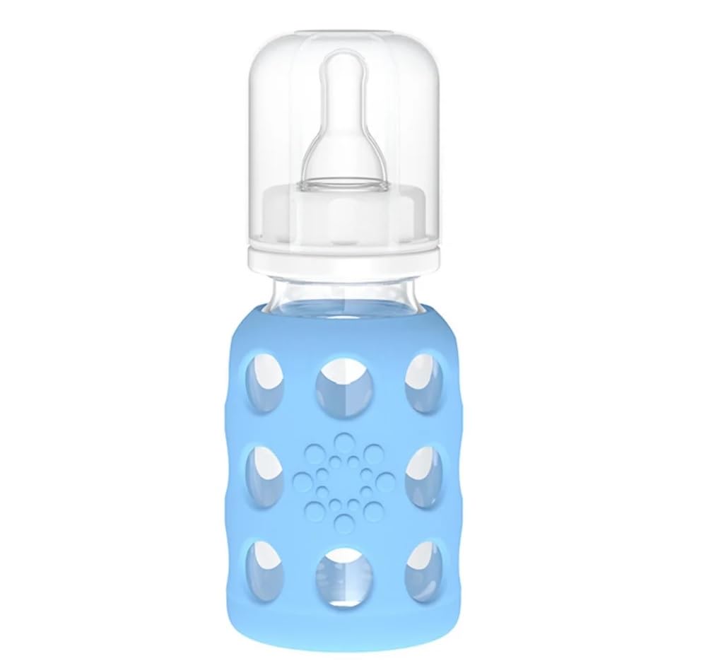 Lifefactory 4-Oz Glass Baby Bottle With Protective Silicone Sleeve And Stage 1 Nipple Sky Blue